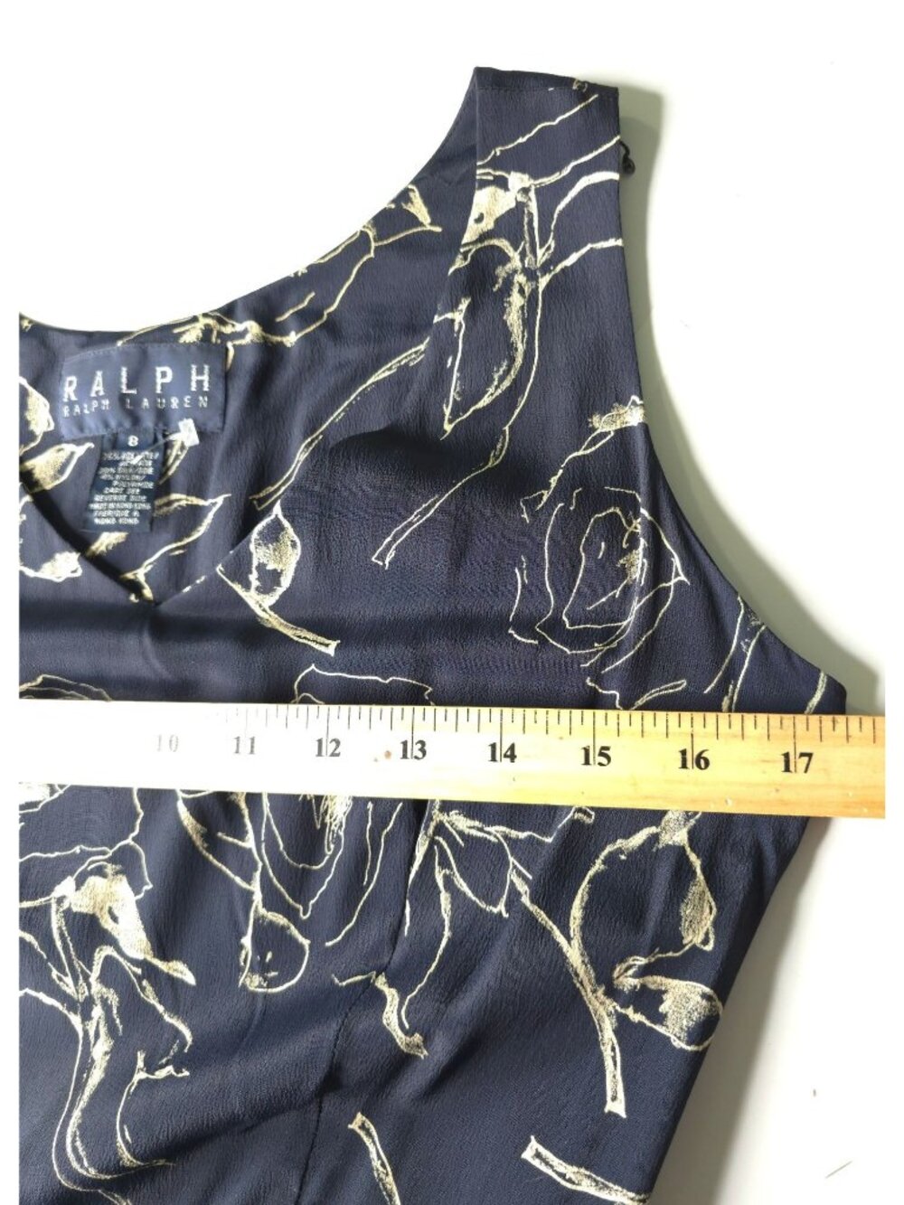Ralph Lauren Navy Floral Sleeveless Dress Size 8 V-Neck 76% Acetate 20% Silk 4% - Picture 4 of 15